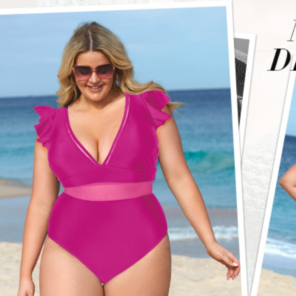 Cupshe Pink Ruffle Plunge One Piece Swimsuit 3X Plus Size | NWT Flattering Mesh